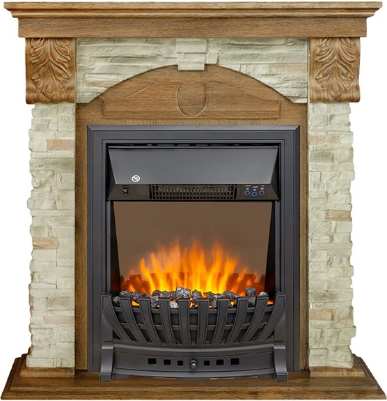 Каминокомплект Dublin (Разборный) - Дуб коньяк / Камень Онтарио с очагом Aspen Black
